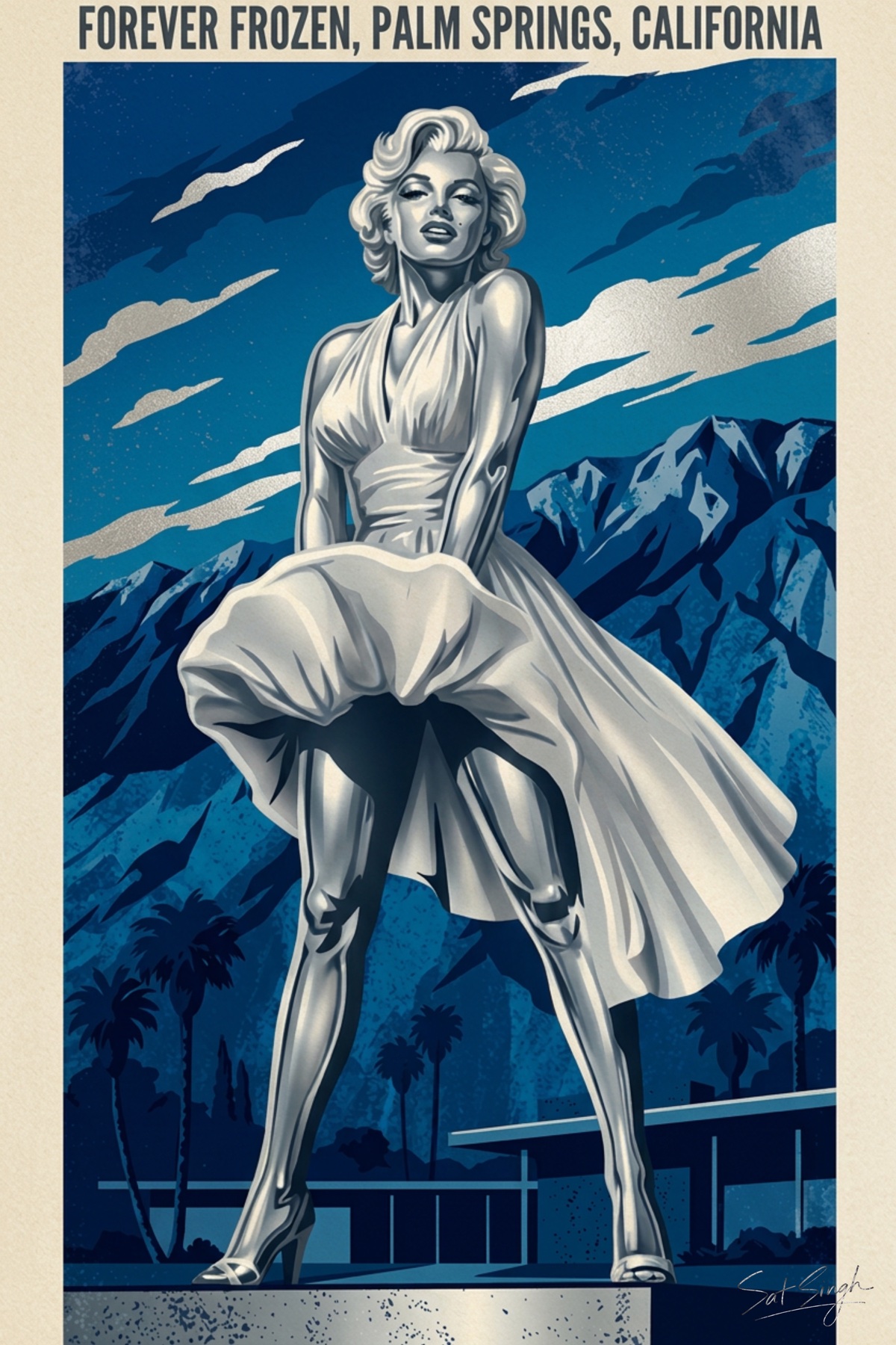 Blue and silver Legend artwork in a proposed black wood frame